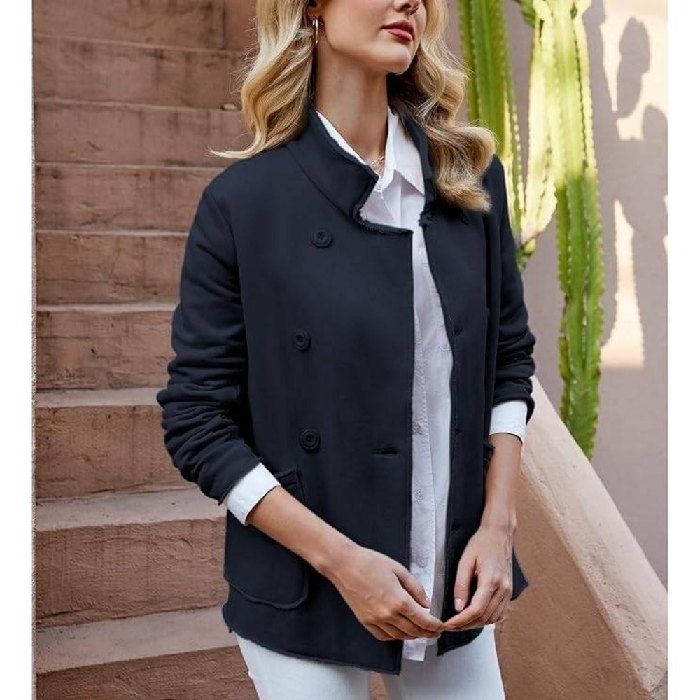 Navy Blue Cotton Blend Blazer Pea Coat Jacket Raw Hem Casual Style Women's‎ S
